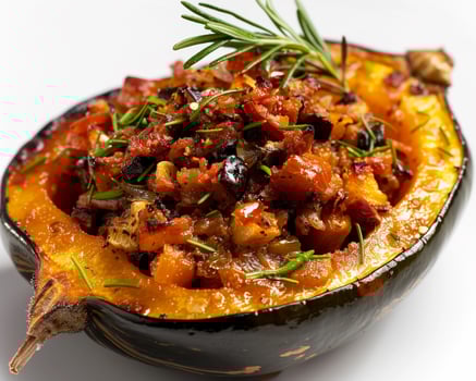 a stuffed acorn squash with rosemary background photo