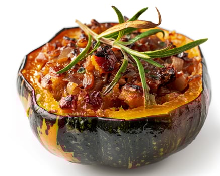 a stuffed squash with meat and herbs on top background photo