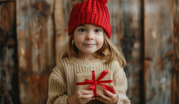 Girl Holding Wrapped Gifts in Red Hat photo