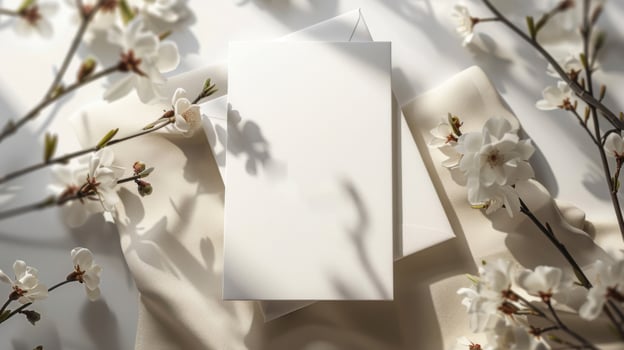 Blank paper card, envelope and spring flowers on light background photo