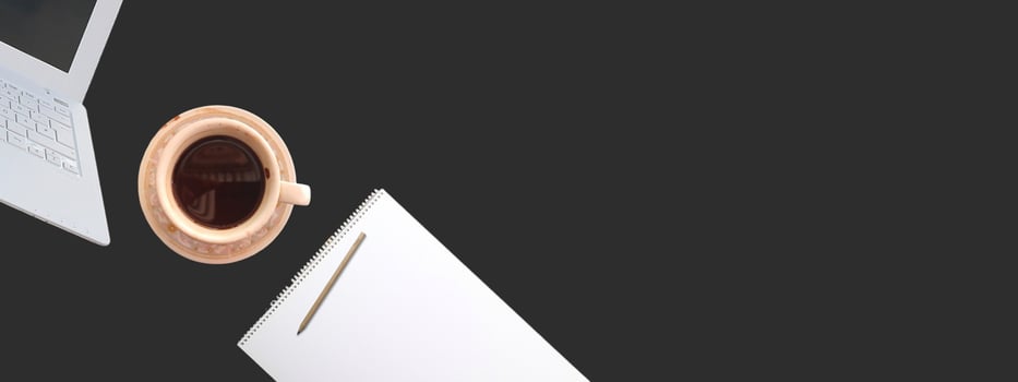 Office work tools and flower leaves banner on blank background photo