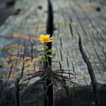 Yellow Flower Growing From Wood photo