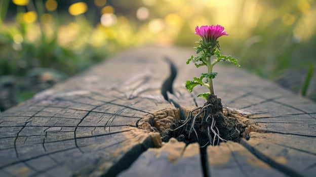 Small Pink Flower Grows From Tree Stump Crack photo