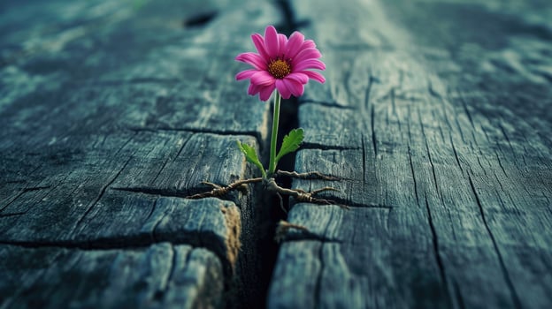 Pink Flower Emerging From Crack in Wooden Surface photo