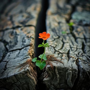 Flower Emerging From Crack in Tree Trunk photo
