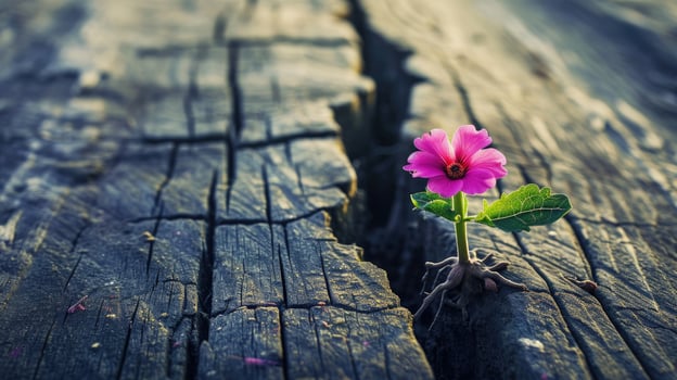 Pink Flower Emerging From Wooden Crack photo