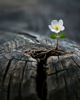 Small White Flower Growing on Wood photo