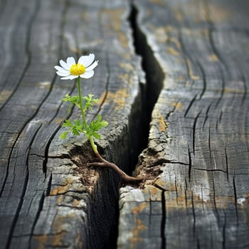 A Flower Emerging From a Crack in a Wooden Surface photo