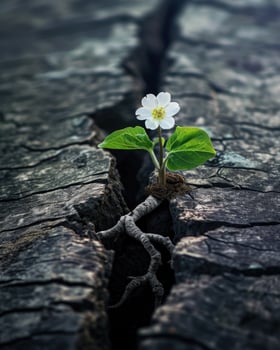 Tiny white flower persevering from ground crack photo