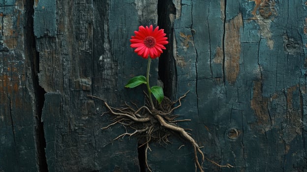 Red Flower Growing Through Wood Crack photo