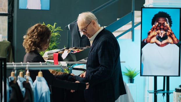 Woman retail clerk showing multiple tie colors to customer, helping him to match formal suit with the perfect accessories. Employee assisting senior client during shopping spree at mall. Camera A. photo