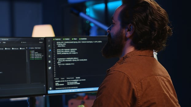 Smiling freelancing developer in home office doing coding on computer at desk. Cheerful IT expert doing contracted job from apartment, writing lines of code at workstation, camera A photo