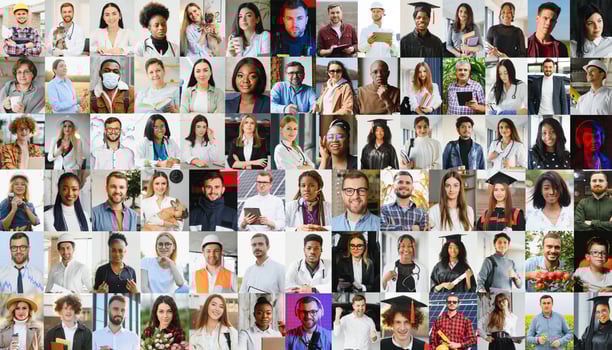 Hundreds of multiracial people crowd portraits headshots collection, collage mosaic. Many lot of multicultural different male and female smiling faces looking at camera. Diversity and society concept photo