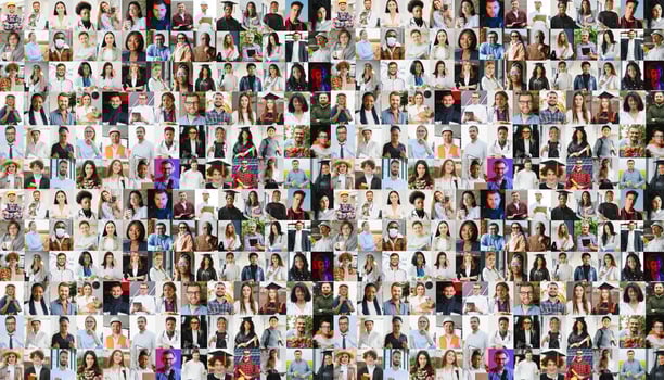 Hundreds of multiracial people crowd portraits headshots collection, collage mosaic. Many lot of multicultural different male and female smiling faces looking at camera. Diversity and society concept. photo