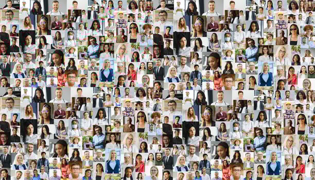 Multiracial people crowd portraits headshots collection, collage mosaic. Many lot of multicultural different male and female smiling faces looking at camera. Diversity and society concept photo