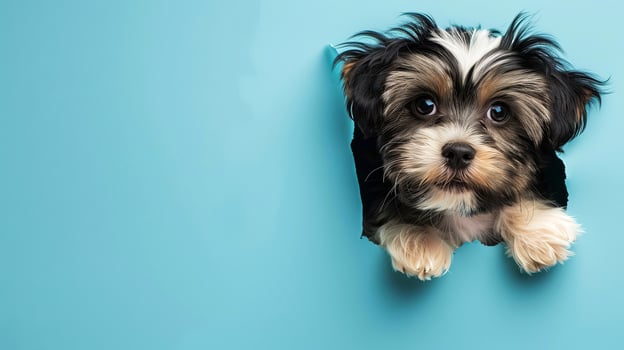 Adorable puppy peeks through a hole in a bright blue background photo