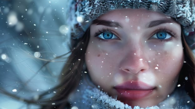 Beautiful woman in the snow, frontal portrait face, winter landscape background photo