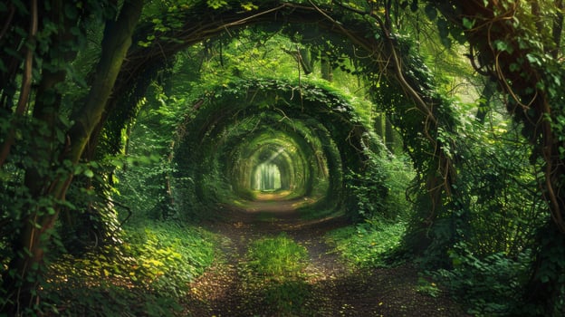 An enchanting green tunnel formed by lush foliage and intertwined branches creates a magical pathway through the forest. photo