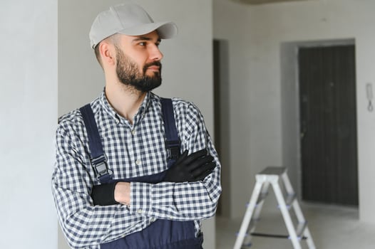 Portrait of positive, handsome young male builder in hard hat photo