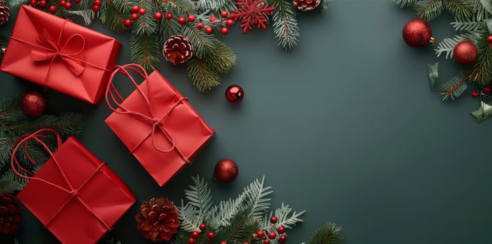 Red Gift Bags With Pine Branches And Ornaments photo