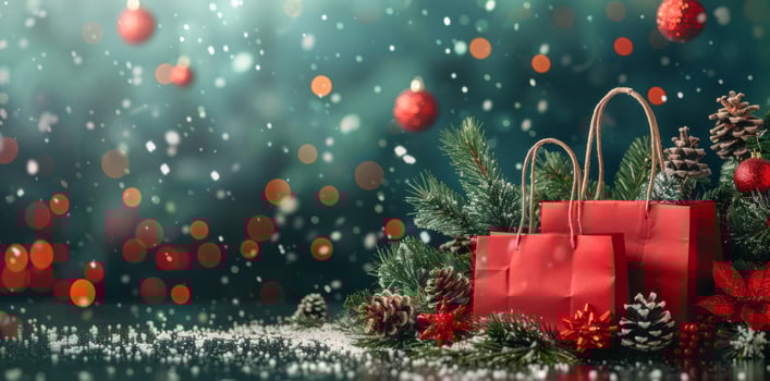 Red Gift Bags With Pine Branches And Ornaments photo