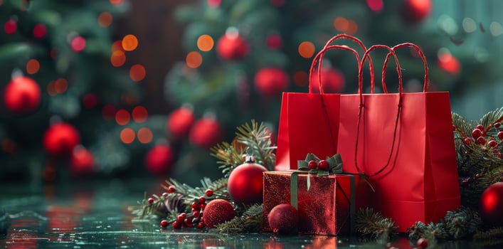 Red Gift Bags With Pine Branches And Ornaments photo