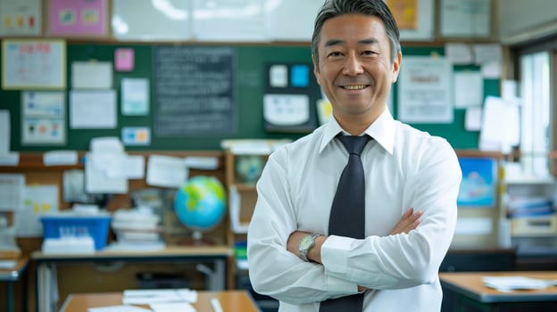 Middleaged Japanese Male Teacher in Classroom, Education, Professional Learning Environment, School Setting photo