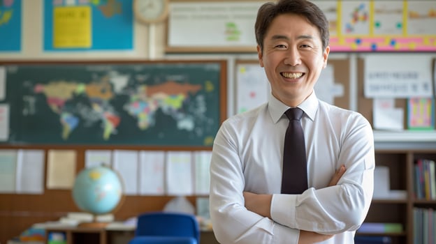 Smiling Korean Male School Teacher in Classroom, Diverse Educational Setting, Perfect for Academic, Teaching, and Educational Themes photo