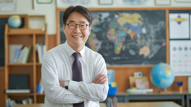 Middle Aged Korean Male School Teacher Smiling in Classroom with World Map Poster, Educational and Professional Setting photo