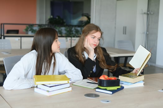 Two fifteen-year-old schoolgirls reading books and taking abstract in copybooks are doing homework in the school library photo