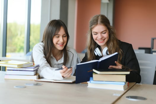 Two schoolgirl friends study together. They sit at their desks and perform tasks. photo
