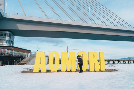 Woman tourist sightseeing Aomori Bay Bridge area, Traveler travel in Aomori city, Aomori Prefecture, Japan. Landmark for tourist attraction, travel and vacation photo