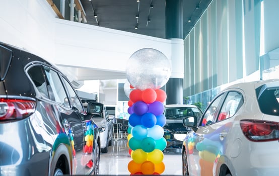 Car parked in luxury showroom. Car dealership office. Car showroom business. New car parked in modern showroom. Auto for sale and rent business. Automobile leasing and insurance. Electric automobile. photo