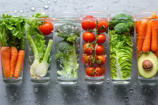 A collection of fresh vegetables submerged in water with bubbles showcasing their freshness and vibrancy photo