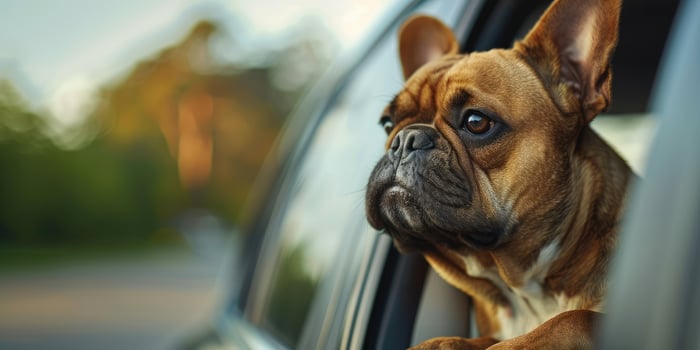 Curious bulldog leaning out of a car window during a road trip. photo