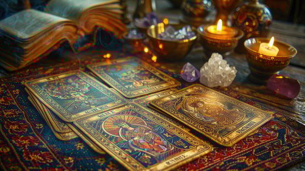 Magical tarot card spread on a wooden table with crystals and lights. photo