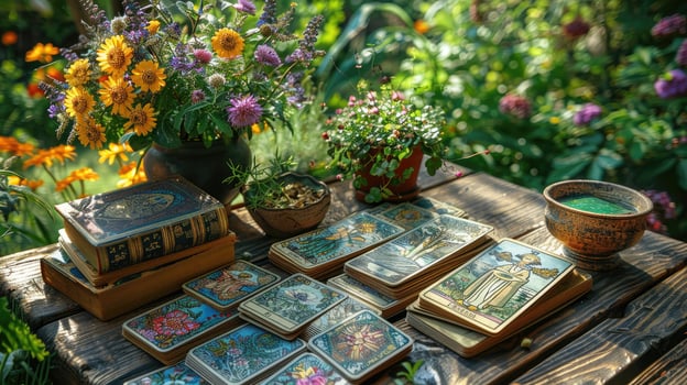 Outdoor tarot card reading with sunlight filtering through plants photo