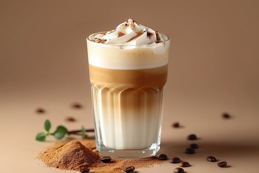 Glass of gourmet latte topped with whipped cream in cozy setting photo