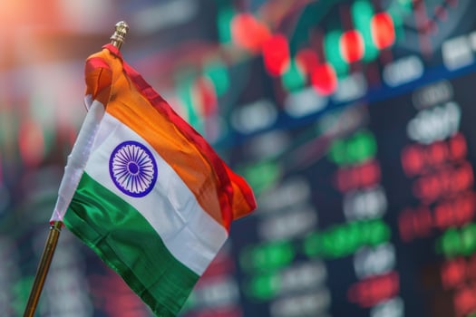 Indian flag waving with stock market graphs in background photo