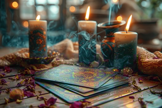 Mystical candle-lit setting with tarot cards, spiritual ambiance. photo