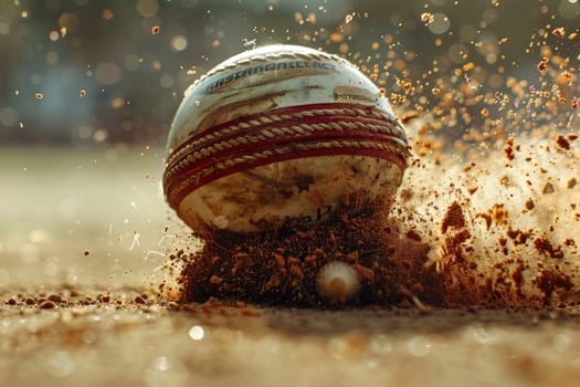 Cricket ball hitting the ground with sand flying in action sports moment. photo