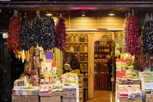 The dried marzipans hang in the shop photo