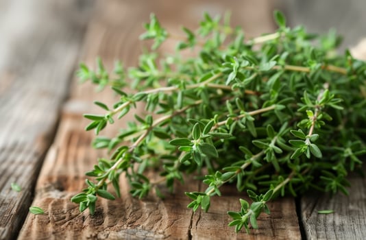 Fresh Thyme Sprigs on Wooden Table photo