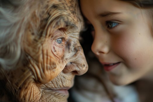 An elderly woman, eyes sparkling, shares a heartfelt story with her young granddaughter photo