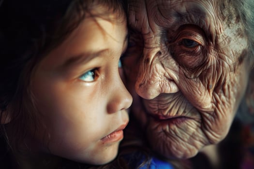 An elderly woman, eyes sparkling, shares a heartfelt story with her young granddaughter photo