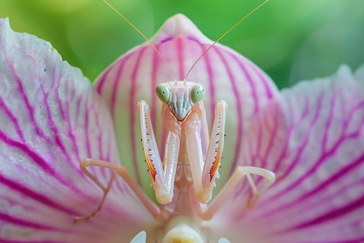 A rare and brilliantly colored orchid mantis blending seamlessly with a pink orchid flower photo
