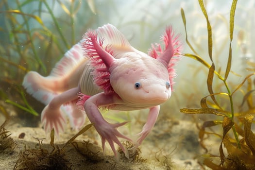 A rare, brightly colored axolotl swimming gracefully in a clear freshwater habitat photo