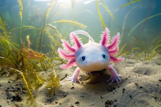 A rare, brightly colored axolotl swimming gracefully in a clear freshwater habitat photo