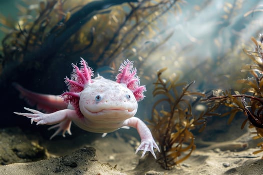 A rare, brightly colored axolotl swimming gracefully in a clear freshwater habitat photo