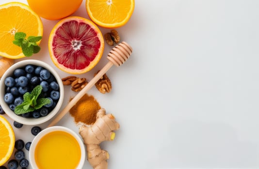 Citrus Fruit, Honey, Ginger, and Blueberries on White Background photo